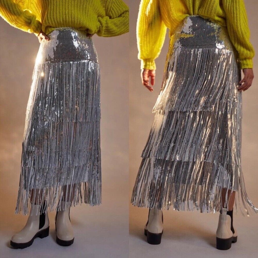 Anthropologie Maeve Tatiana Sequined Fringe Festival Silver Midi Skirt Size 12